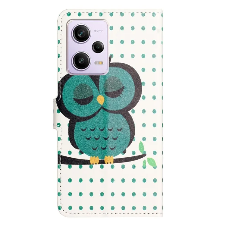 For Xiaomi Redmi Note 12 5G (Global) / (India) / (China) / Poco X5 5G Pattern Printing Wallet Phone Case PU Leather Stand Flip Cover - Dots  /  Owl