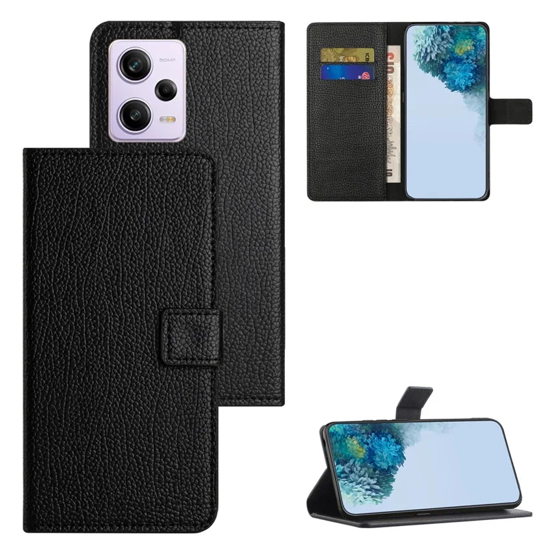 Full Protection Phone Case for Xiaomi Poco X5 5G / Redmi Note 12 5G (Global) / (India) / (China) Litchi Texture PU Leather Cell Phone Cover with Stand Wallet - Black