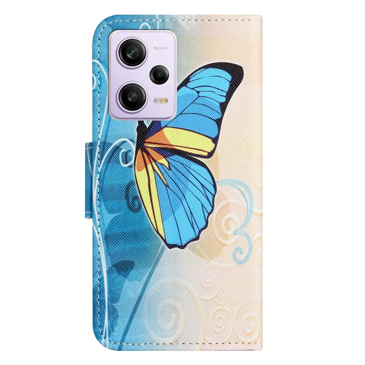 Leder-Handyhülle für Xiaomi Redmi Note 12 5G (Global) / (Indien) / (China) / Poco X5 5G Querstreifenmuster Brieftasche Ständer Muster bedruckt Handyhülle - Schmetterling