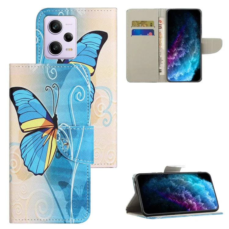 Leder-Handyhülle für Xiaomi Redmi Note 12 5G (Global) / (Indien) / (China) / Poco X5 5G Querstreifenmuster Brieftasche Ständer Muster bedruckt Handyhülle - Schmetterling