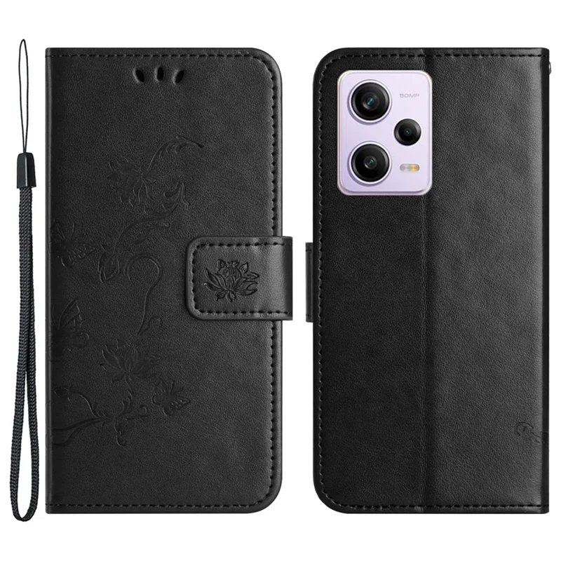 PU Leather Phone Cover For Xiaomi Redmi Note 12 Pro 5G, Imprinted Butterfly Flower Pattern Stand Wallet Phone Case with Strap - Black