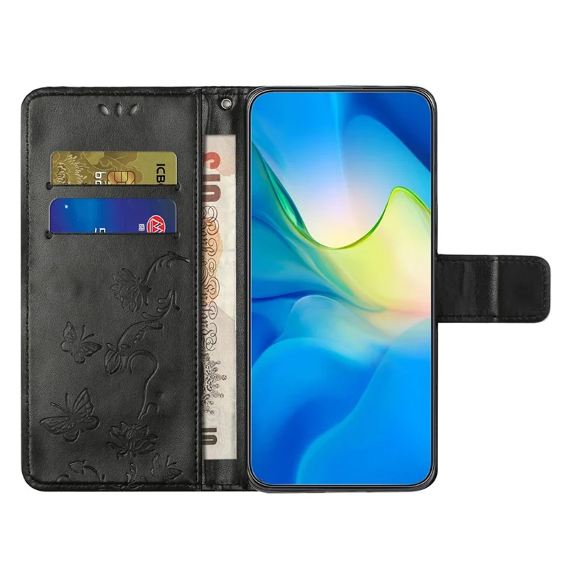PU Leather Phone Cover For Xiaomi Redmi Note 12 Pro 5G, Imprinted Butterfly Flower Pattern Stand Wallet Phone Case with Strap - Black