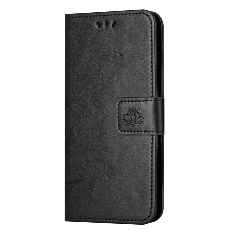 PU Leather Phone Cover For Xiaomi Redmi Note 12 Pro 5G, Imprinted Butterfly Flower Pattern Stand Wallet Phone Case with Strap - Black