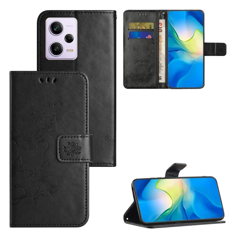 PU Leather Phone Cover For Xiaomi Redmi Note 12 Pro 5G, Imprinted Butterfly Flower Pattern Stand Wallet Phone Case with Strap - Black