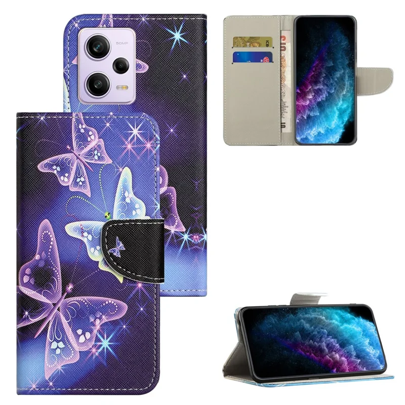 Stand Wallet Phone Case for Xiaomi Redmi Note 12 Pro 5G / Note 12 Pro Speed 5G / Poco X5 Pro 5G , PU Leather Pattern Printing Cross Texture Anti-drop Cover - Sparkling Butterflies