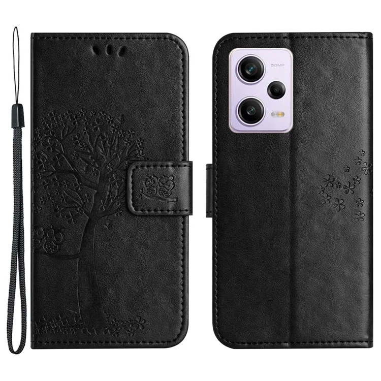 Custodia per telefono in pelle PU per Xiaomi Redmi Note 12 Pro+ 5G, con motivo a tema gufo e albero stampato, custodia protettiva con supporto portafoglio - Nero