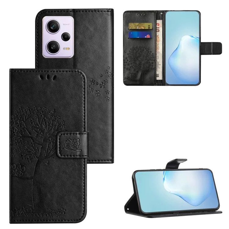 Custodia per telefono in pelle PU per Xiaomi Redmi Note 12 Pro+ 5G, con motivo a tema gufo e albero stampato, custodia protettiva con supporto portafoglio - Nero