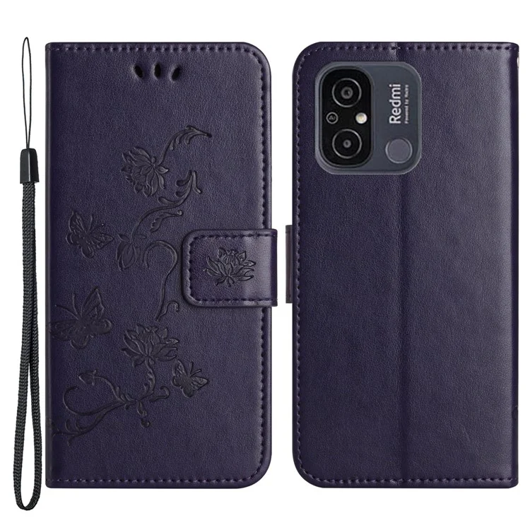 Para Xiaomi Redmi 11A 4G Imprinted Butterfly Flower Pattern PU Leather Flip Phone Cover Stand Magnetic Wallet Folio Case with Strap - Dark Purple