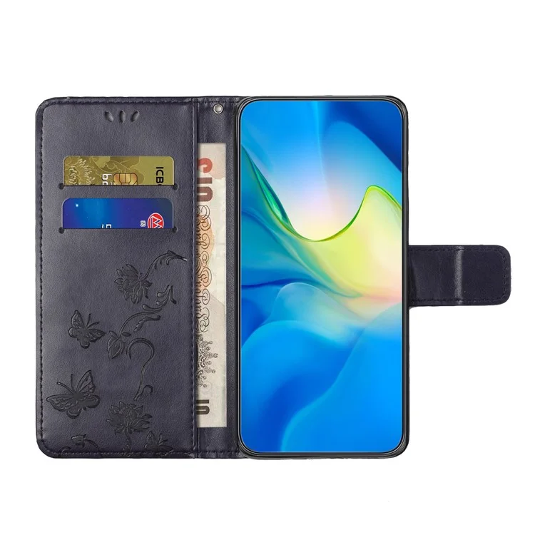 Para Xiaomi Redmi 11A 4G Imprinted Butterfly Flower Pattern PU Leather Flip Phone Cover Stand Magnetic Wallet Folio Case with Strap - Dark Purple