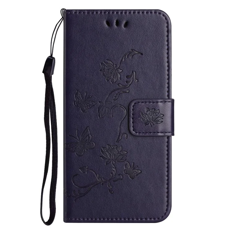 Para Xiaomi Redmi 11A 4G Imprinted Butterfly Flower Pattern PU Leather Flip Phone Cover Stand Magnetic Wallet Folio Case with Strap - Dark Purple
