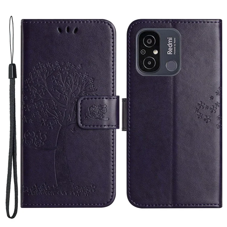 Para Xiaomi Redmi 11A 4G Imprinted Owl Tree Pattern PU Leather Stand Case Drop-proof Phone Wallet Cover - Dark Purple