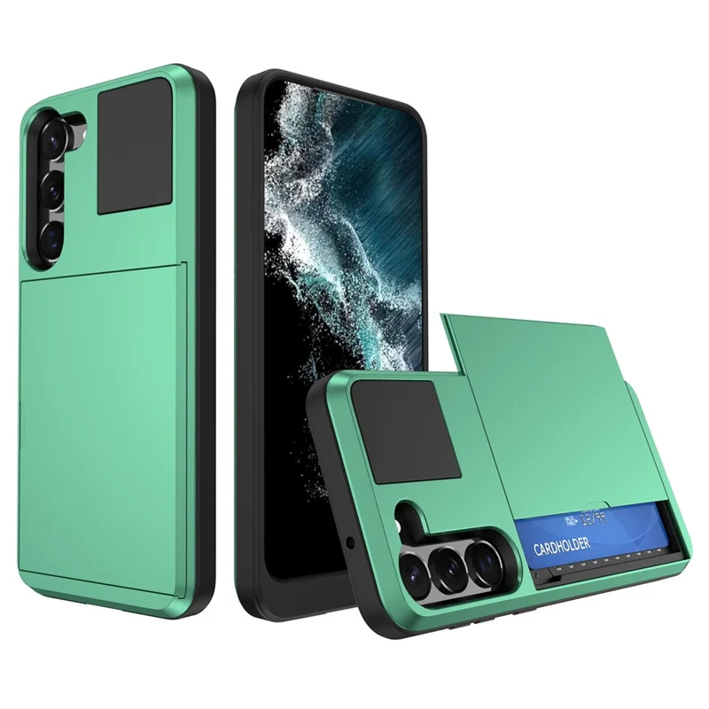 Cell Phone Case for Samsung Galaxy S23, Sliding Card Holder PC + TPU Anti-drop Cover - Mint Green