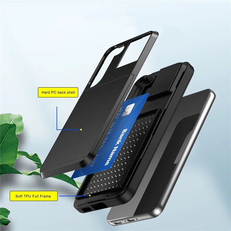 Cell Phone Case for Samsung Galaxy S23, Sliding Card Holder PC + TPU Anti-drop Cover - Mint Green