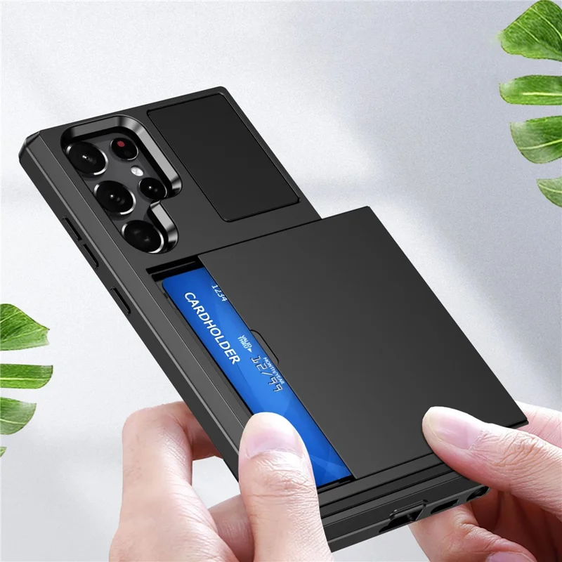 Sliding Card Holder Phone Case for Samsung Galaxy S23 Ultra, Anti-drop PC + TPU Protective Cover - Grey