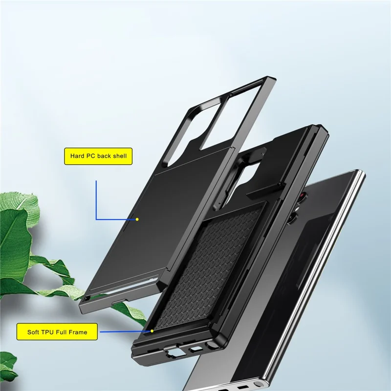 Sliding Card Holder Phone Case for Samsung Galaxy S23 Ultra, Anti-drop PC + TPU Protective Cover - Grey