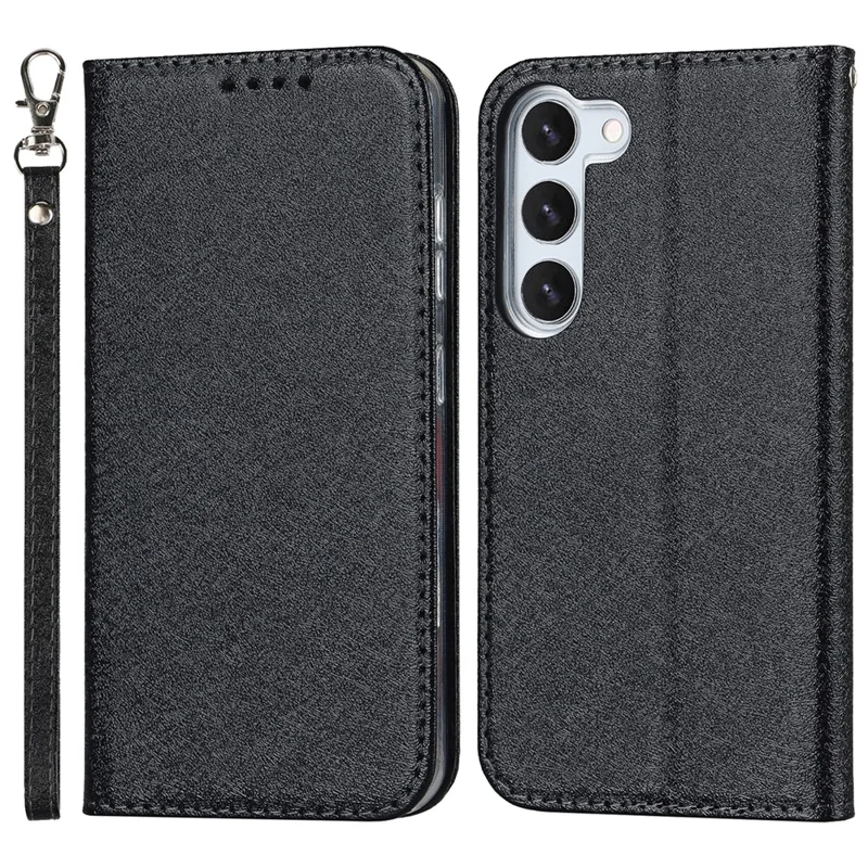 Funda para teléfono Galaxy S23 de Samsung a prueba de golpes, carcasa de piel de PU con textura de seda, con bolsillo para tarjetas y soporte - Negro
