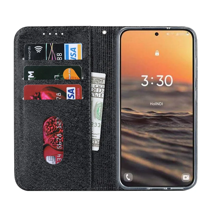 Funda para teléfono Galaxy S23 de Samsung a prueba de golpes, carcasa de piel de PU con textura de seda, con bolsillo para tarjetas y soporte - Negro