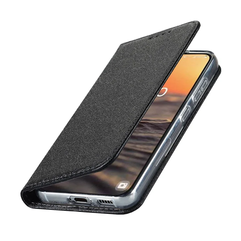 Funda para teléfono Galaxy S23 de Samsung a prueba de golpes, carcasa de piel de PU con textura de seda, con bolsillo para tarjetas y soporte - Negro