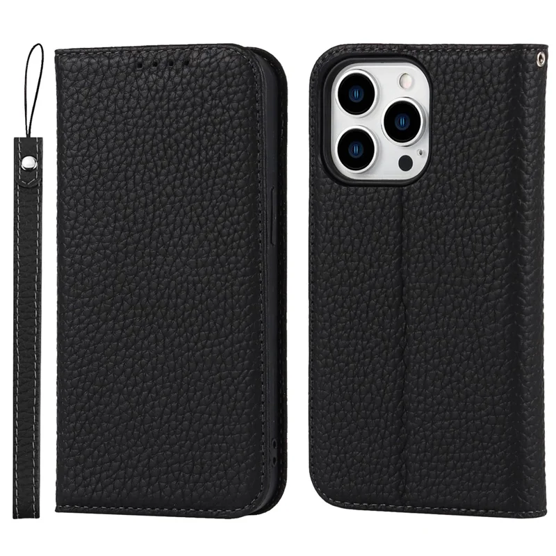 Full Protection Phone Case For iPhone 14 Pro Max, Litchi Texture Genuine Leather Cell Phone Cover Wallet Stand - Black