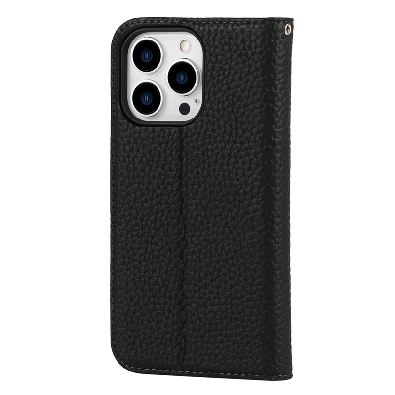 Full Protection Phone Case For iPhone 14 Pro Max, Litchi Texture Genuine Leather Cell Phone Cover Wallet Stand - Black