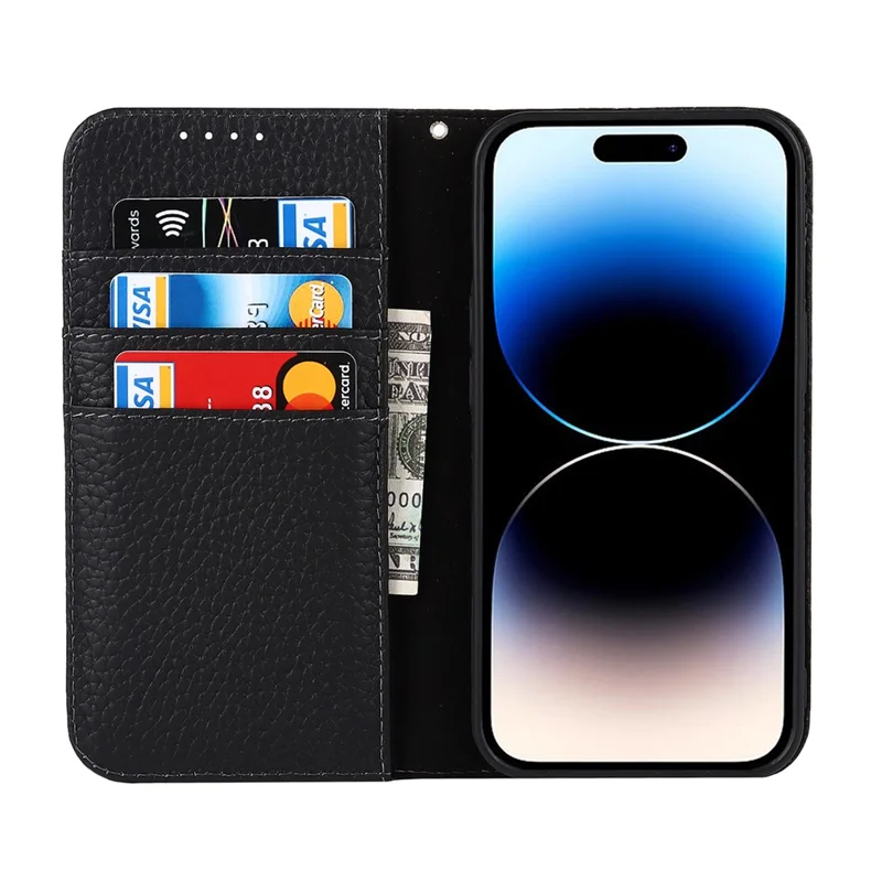 Full Protection Phone Case For iPhone 14 Pro Max, Litchi Texture Genuine Leather Cell Phone Cover Wallet Stand - Black