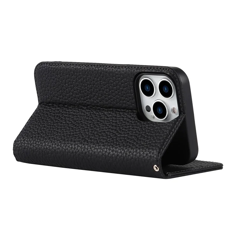 Full Protection Phone Case For iPhone 14 Pro Max, Litchi Texture Genuine Leather Cell Phone Cover Wallet Stand - Black