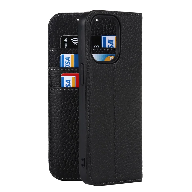 Full Protection Phone Case For iPhone 14 Pro Max, Litchi Texture Genuine Leather Cell Phone Cover Wallet Stand - Black