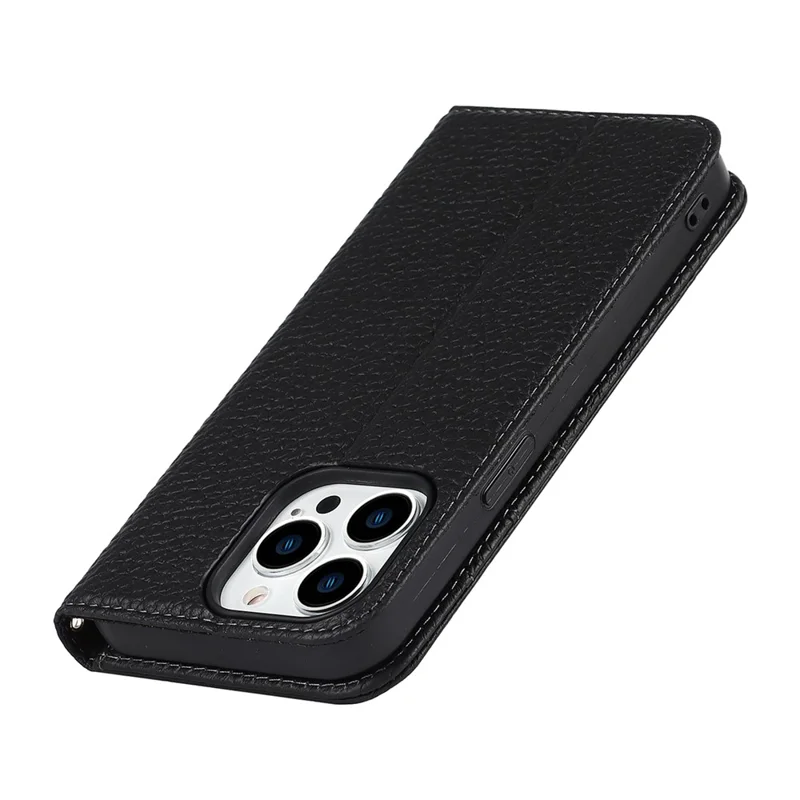 Full Protection Phone Case For iPhone 14 Pro Max, Litchi Texture Genuine Leather Cell Phone Cover Wallet Stand - Black