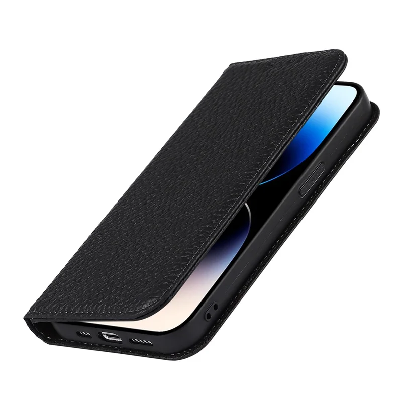 Full Protection Phone Case For iPhone 14 Pro Max, Litchi Texture Genuine Leather Cell Phone Cover Wallet Stand - Black