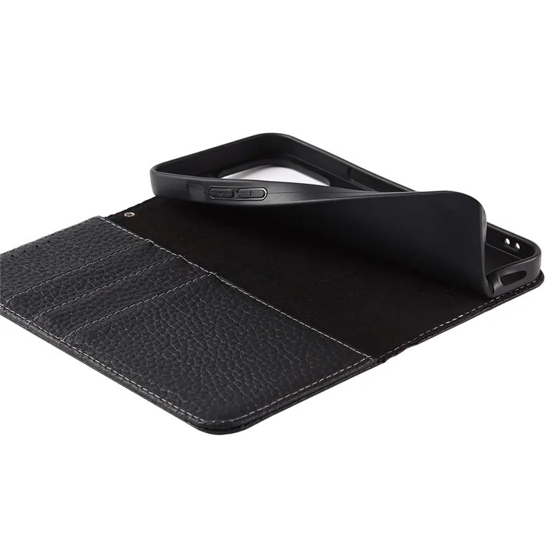 Full Protection Phone Case For iPhone 14 Pro Max, Litchi Texture Genuine Leather Cell Phone Cover Wallet Stand - Black