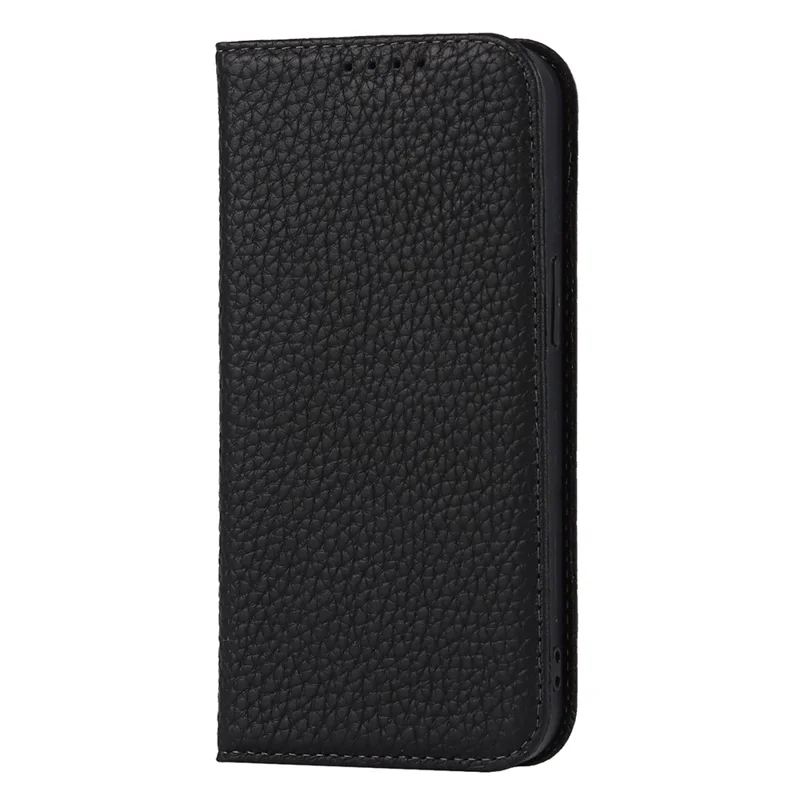 Full Protection Phone Case For iPhone 14 Pro Max, Litchi Texture Genuine Leather Cell Phone Cover Wallet Stand - Black