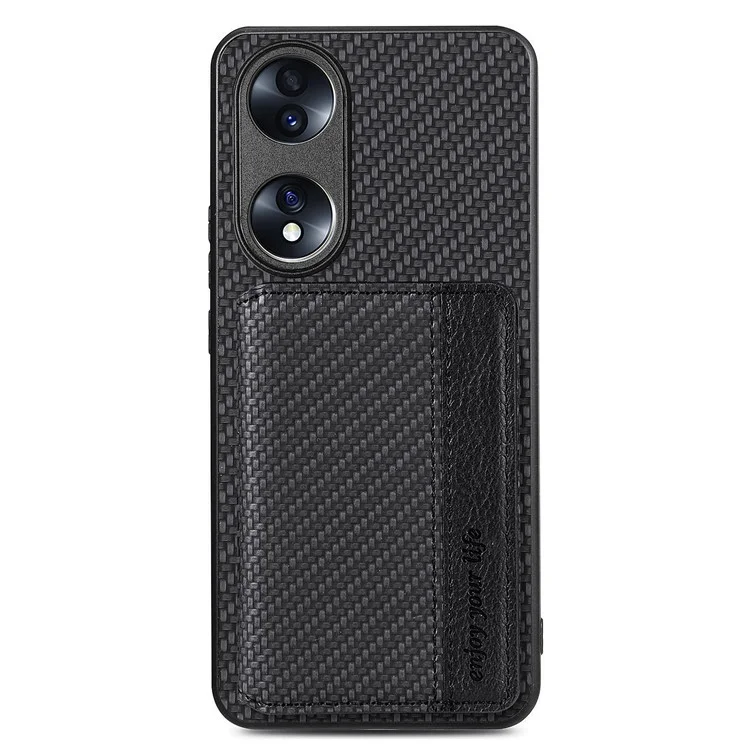 Coque de protection pour téléphone Honor 70 5G, étui magnétique en texture fibre de carbone avec support de portefeuille - Noir