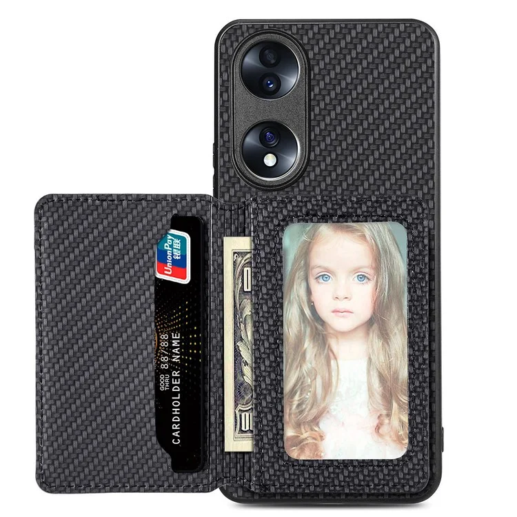 Coque de protection pour téléphone Honor 70 5G, étui magnétique en texture fibre de carbone avec support de portefeuille - Noir