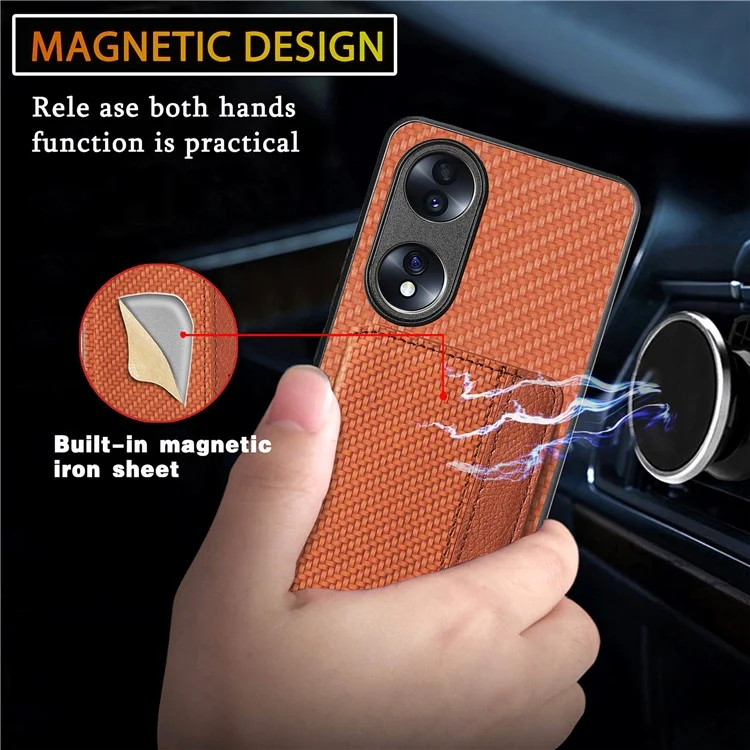 Coque de protection pour téléphone Honor 70 5G, étui magnétique en texture fibre de carbone avec support de portefeuille - Noir
