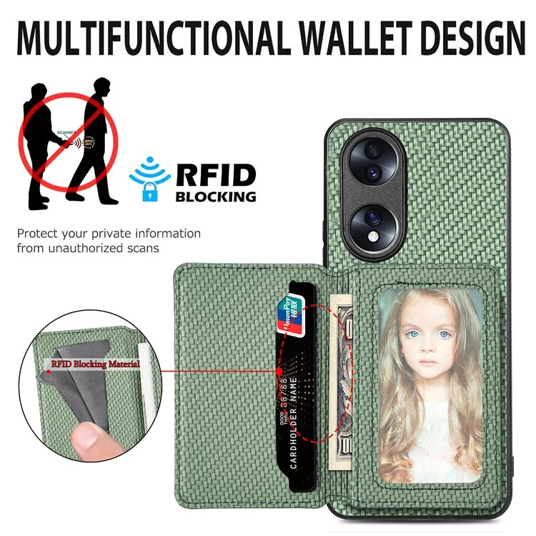 Coque de protection pour téléphone Honor 70 5G, étui magnétique en texture fibre de carbone avec support de portefeuille - Noir
