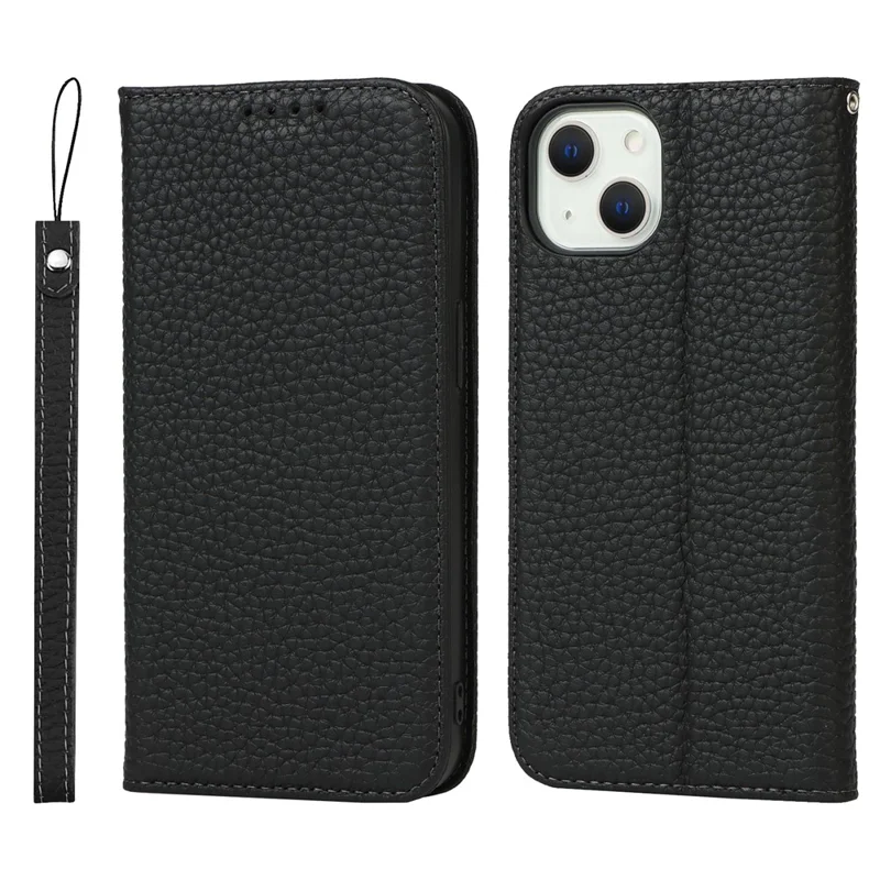 Drop-proof Phone Case for iPhone 14, Genuine Leather Litchi Texture Cell Phone Cover Wallet Stand  - Black
