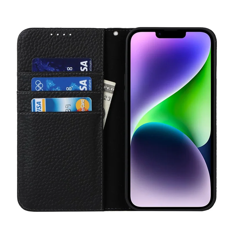 Drop-proof Phone Case for iPhone 14, Genuine Leather Litchi Texture Cell Phone Cover Wallet Stand  - Black