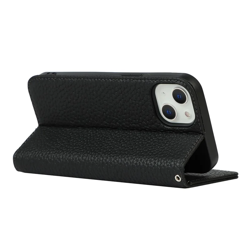 Drop-proof Phone Case for iPhone 14, Genuine Leather Litchi Texture Cell Phone Cover Wallet Stand  - Black