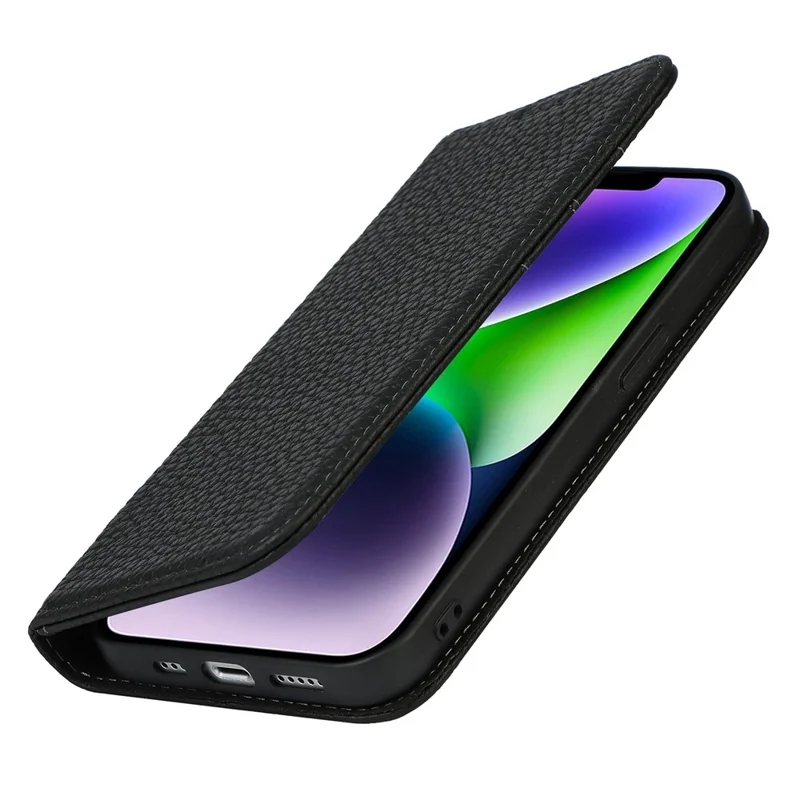 Drop-proof Phone Case for iPhone 14, Genuine Leather Litchi Texture Cell Phone Cover Wallet Stand  - Black
