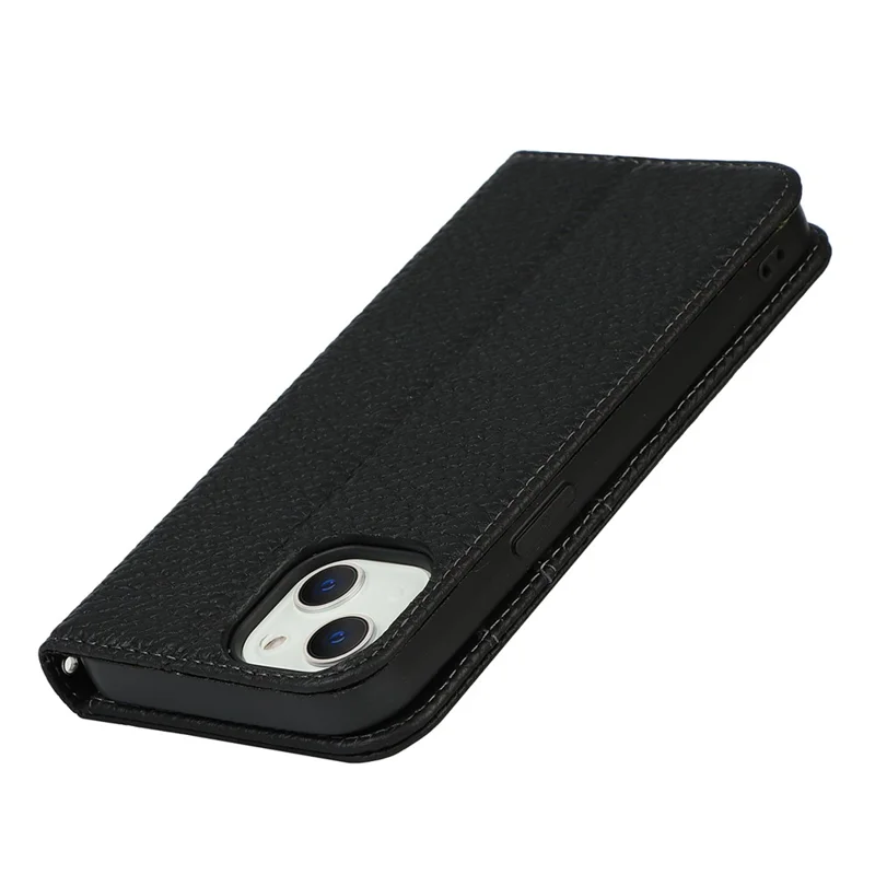 Drop-proof Phone Case for iPhone 14, Genuine Leather Litchi Texture Cell Phone Cover Wallet Stand  - Black
