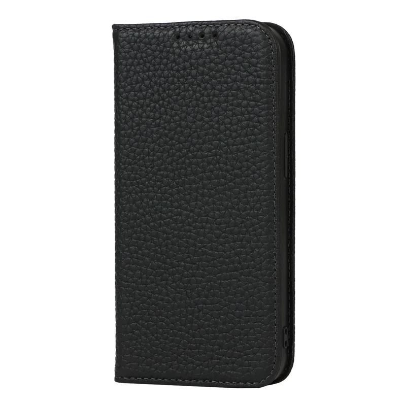 Drop-proof Phone Case for iPhone 14, Genuine Leather Litchi Texture Cell Phone Cover Wallet Stand  - Black