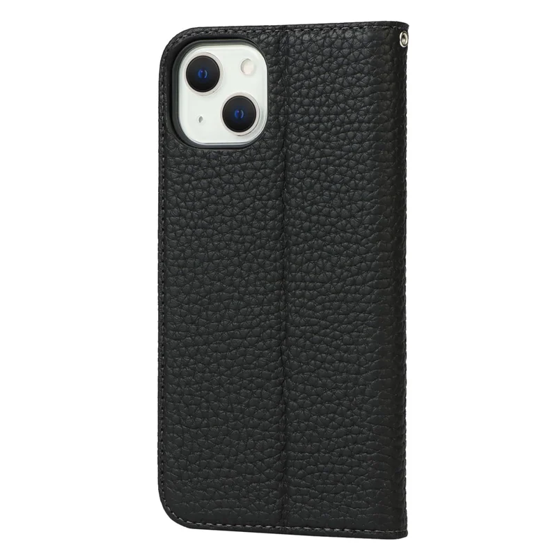 Drop-proof Phone Case for iPhone 14, Genuine Leather Litchi Texture Cell Phone Cover Wallet Stand  - Black