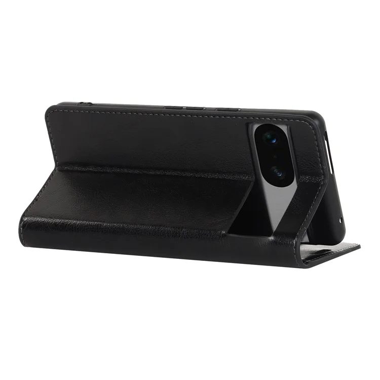 Genuine Leather Phone Cover For Google Pixel 7a, Crazy Horse Texture Magnetic Anti-drop Phone Case with Stand Wallet - Black