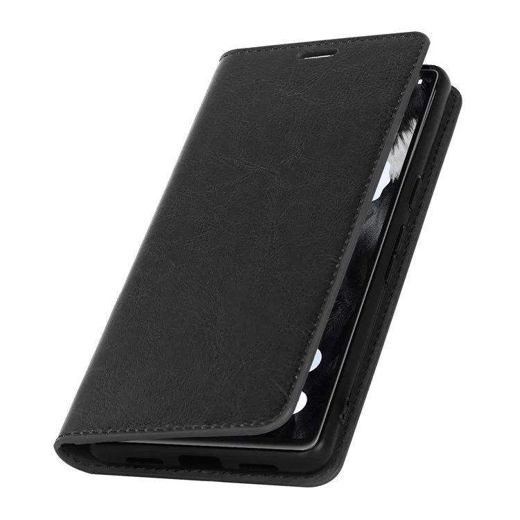 Genuine Leather Phone Cover For Google Pixel 7a, Crazy Horse Texture Magnetic Anti-drop Phone Case with Stand Wallet - Black