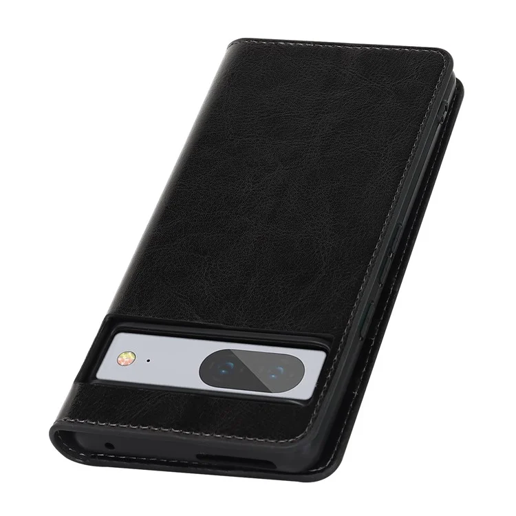 Genuine Leather Phone Cover For Google Pixel 7a, Crazy Horse Texture Magnetic Anti-drop Phone Case with Stand Wallet - Black