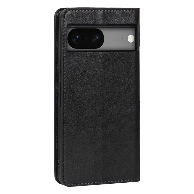 Genuine Leather Phone Cover For Google Pixel 7a, Crazy Horse Texture Magnetic Anti-drop Phone Case with Stand Wallet - Black