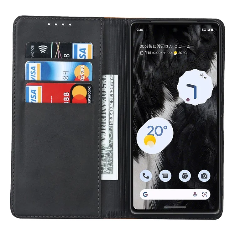 PU Leather Phone Case For Google Pixel 7a, Bi-color Splicing Calf Texture Shockproof Magnetic Phone Cover with Stand Wallet - Black  /  Yellow
