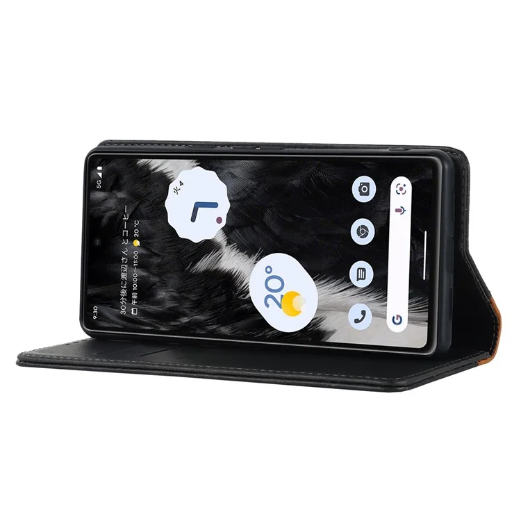 PU Leather Phone Case For Google Pixel 7a, Bi-color Splicing Calf Texture Shockproof Magnetic Phone Cover with Stand Wallet - Black  /  Yellow