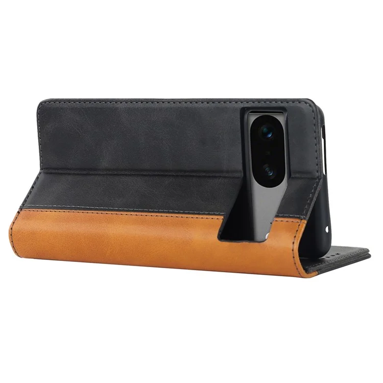 PU Leather Phone Case For Google Pixel 7a, Bi-color Splicing Calf Texture Shockproof Magnetic Phone Cover with Stand Wallet - Black  /  Yellow