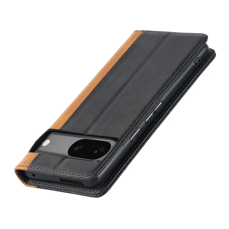 PU Leather Phone Case For Google Pixel 7a, Bi-color Splicing Calf Texture Shockproof Magnetic Phone Cover with Stand Wallet - Black  /  Yellow
